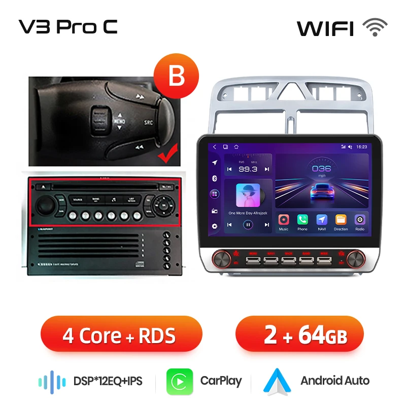 Junsun 13.1″ QLED Draadloze CarPlay Android Auto Autoradio Voor Peugeot 307 CC SW 2002-2013 Intelligente Systemen DSP SWC RDS GPS FM