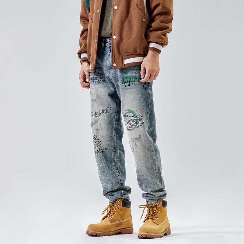American street retro graffiti washed vintage jeans for men spring and summer straight leg long pants for men harem pants