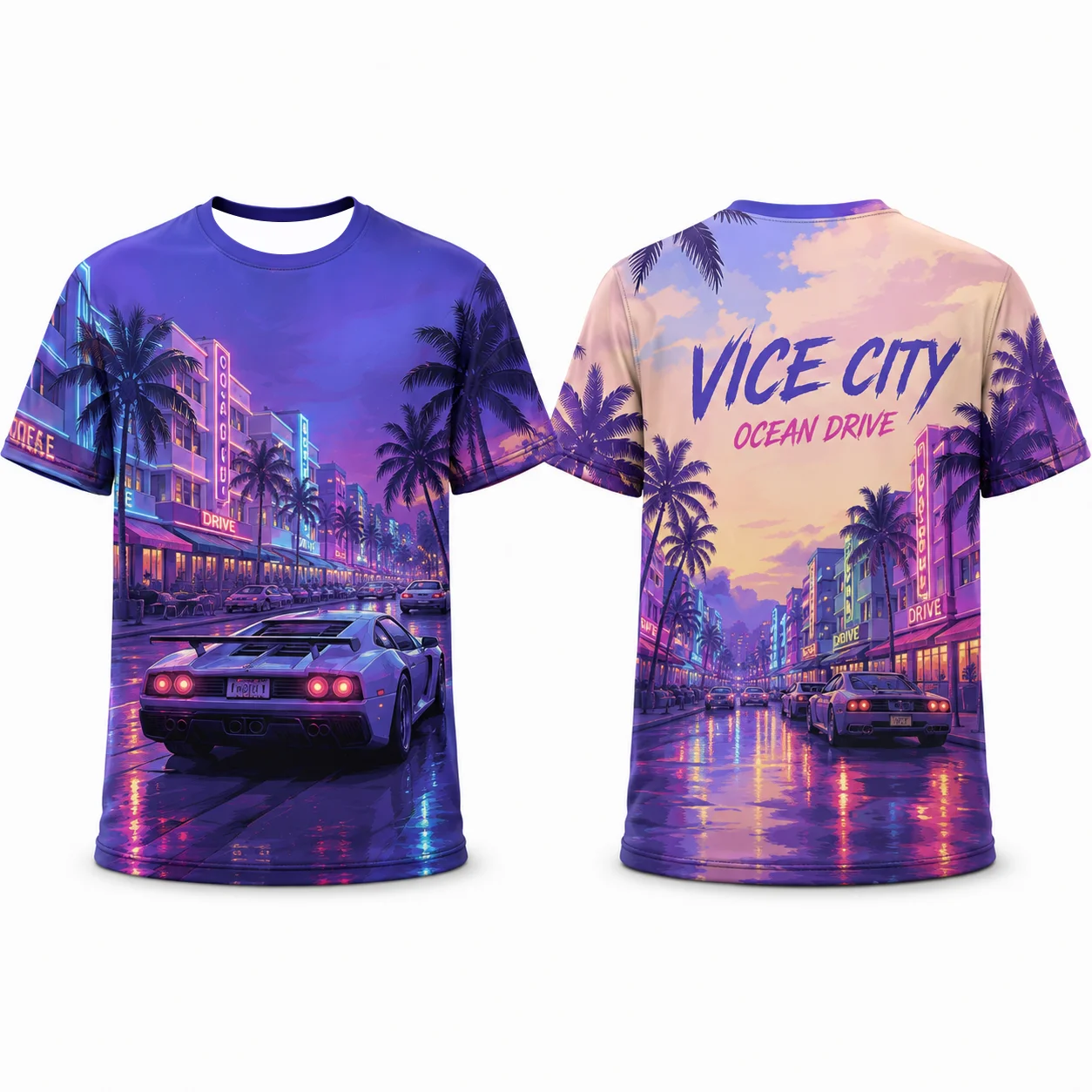 Vice City Retro Synthwave Doppelseitig bedrucktes T-Shirt, Unisex, Miami Palm Tree, Sport-T-Shirt, atmungsaktives Mesh, schnell trocknendes Streetwear-Oberteil – Detail 9