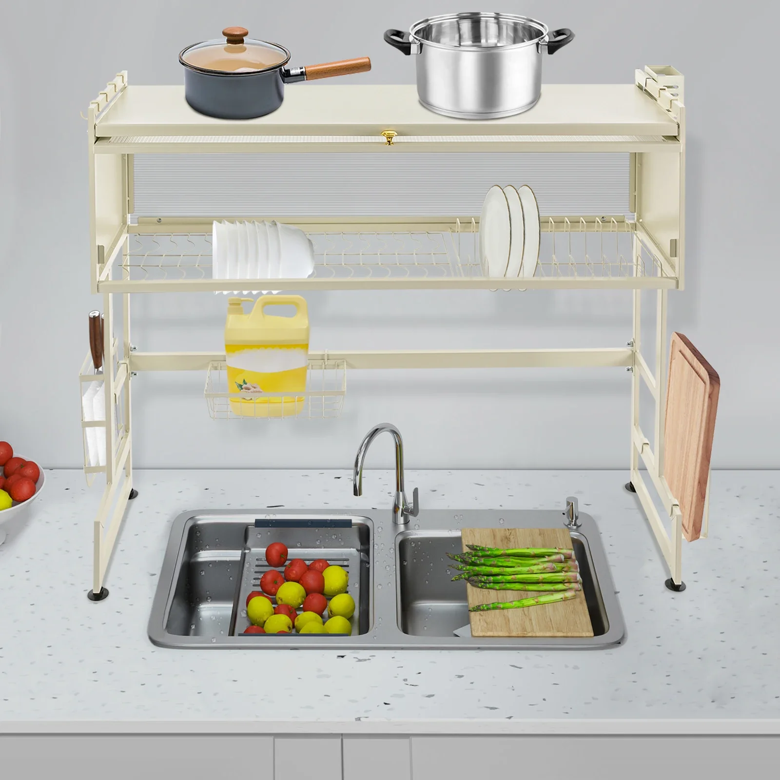 2-Tier Carbon Steel, Rubber, PC Countertop Mount, Over the Sink Cutlery Drainer, Dish Drying Rack, 2-tier Dish Drainer