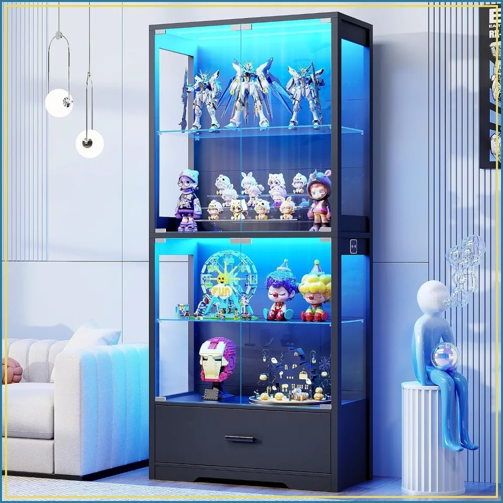4-Tier Display Cabinet with Glass Doors and Drawer for Collectibles