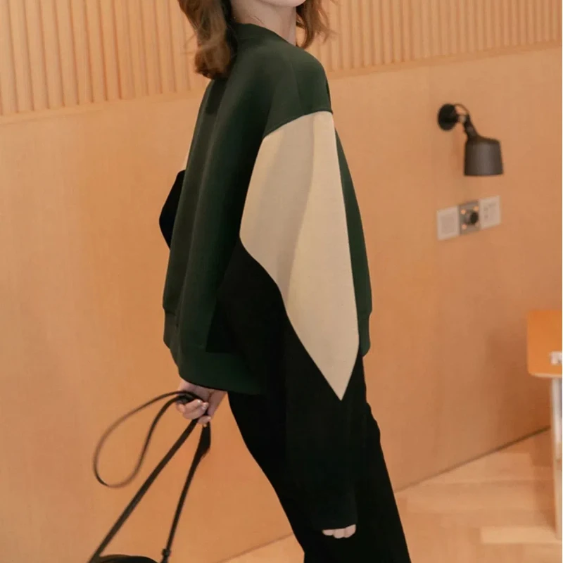 Office Lady Autumn Winter Women\'s Clothing Round Neck Pullover Lantern Long Sleeve Contrast Color Casual Loose Elegant Tops