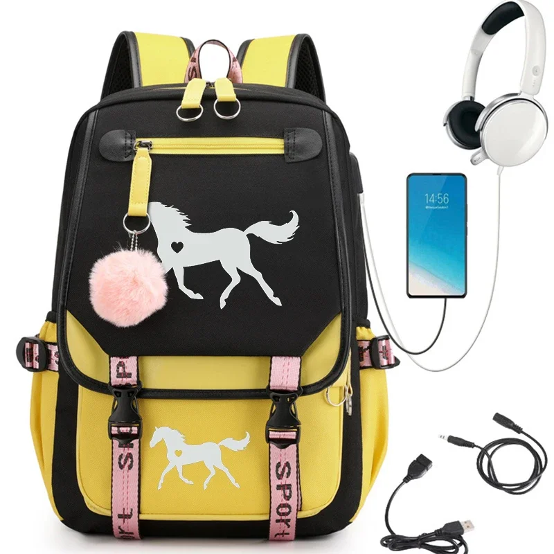 Mochila de grande capacidade para meninas, Mochila dos desenhos animados do coração do cavalo, USB Bookbag, Estudante do ensino médio