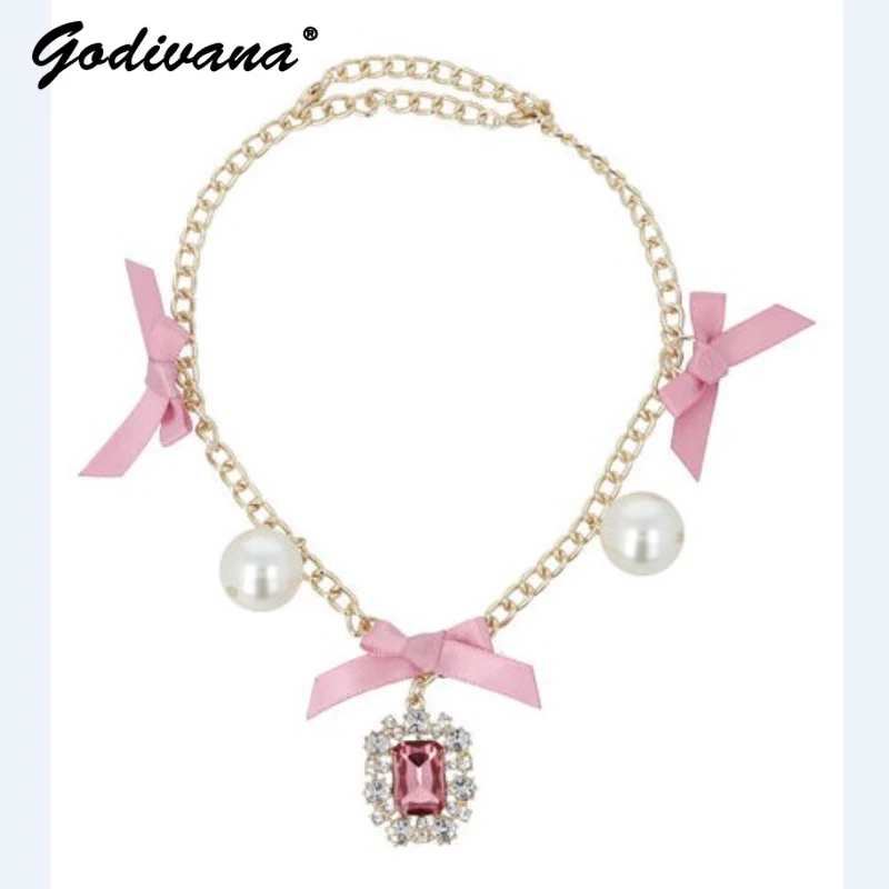 

Japanese Style New Fashion Rhinestone Pearl Bowknot Bag Chain Ornaments Sweet Diamond Chain Bag Charms Bow Pendants