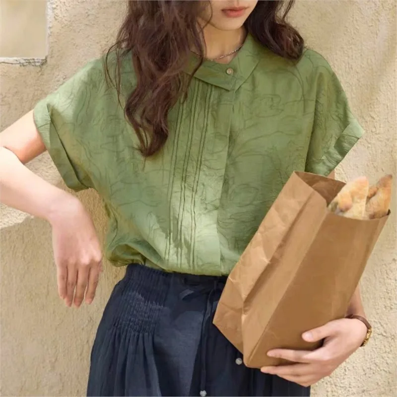 

Johnature French Jacquard Asymmetric Lapel Short-sleeved Shirt For Women 2025 Summer New Casual Solid Color Loose Women Blouses