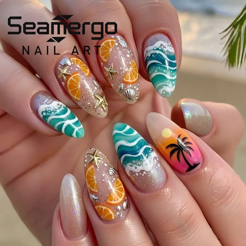 

24PCS Summer Vacation Style Almond Press on Nails with Ocean Blue French Sweet Coconut Tree Pattern Fake Nails Wearable Manicure