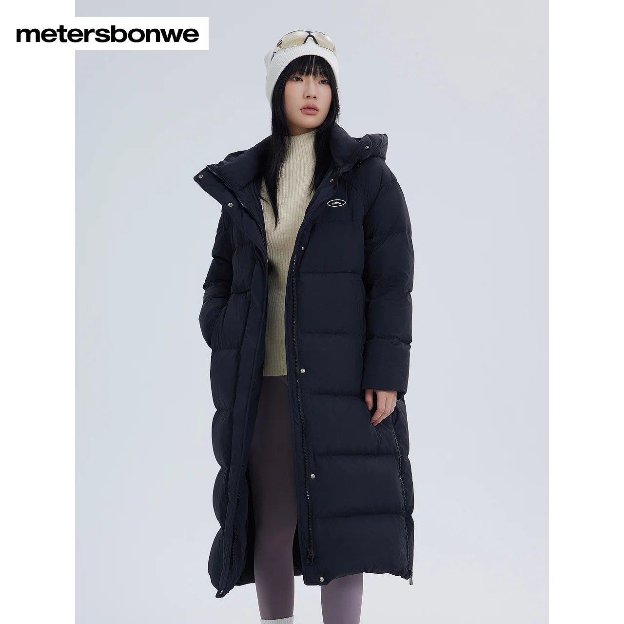 

Metersbonwe-Women Simple Letter Printed Long Down Coat Stand Collar Hooded Loose Duck Down Jacket Casual Thick Warm Wear Winter