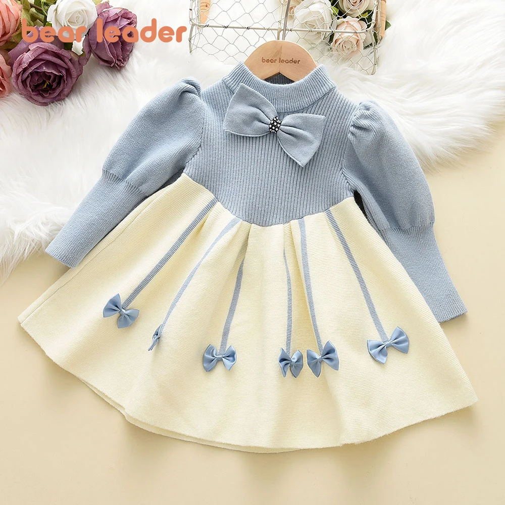 Bär Führer Neue Mädchen Pullover Kleid Kinder Winter Stricken Kleidung Lange Ärmel Casual Outfits Bogen Kleinkind Prinzessin Party Kleider