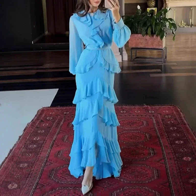 Mode dames herfstjurk met lange mouwen, elegante o-hals, gelaagde ruches, avondjurk, casual effen chiffon, onregelmatige maxi-jurken