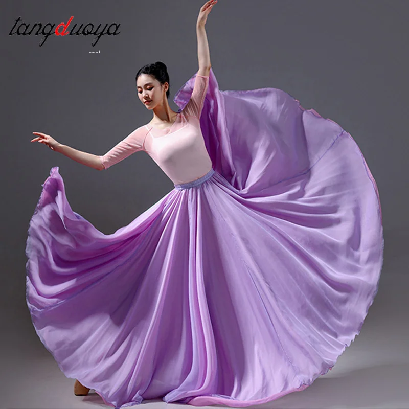 المرأة الكلاسيكية الحديثة الرقص التدريب نصف تنورة أنيقة العرقية مزدوجة الشيفون أداء سوينغ تنورة التفاف تنورة أثيري