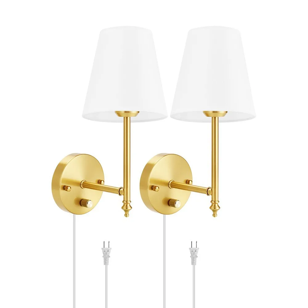 Set of 2 14.1 Inch Dimmable Plug-In Wall Sconces with Remote Control, 2700K-6500K Adjustable Color Temperature, Wall Lamp with White Fabric Shades