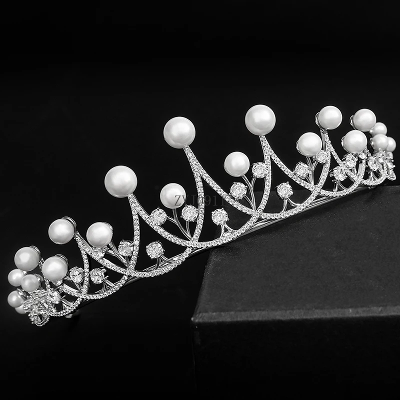 * Tiara de perlas para chicas estacionadas, accesorios para el cabello de novia para boda, Tiaras y coronas de Reina, adorno para tarta, joyería, regalo de cumpleaños