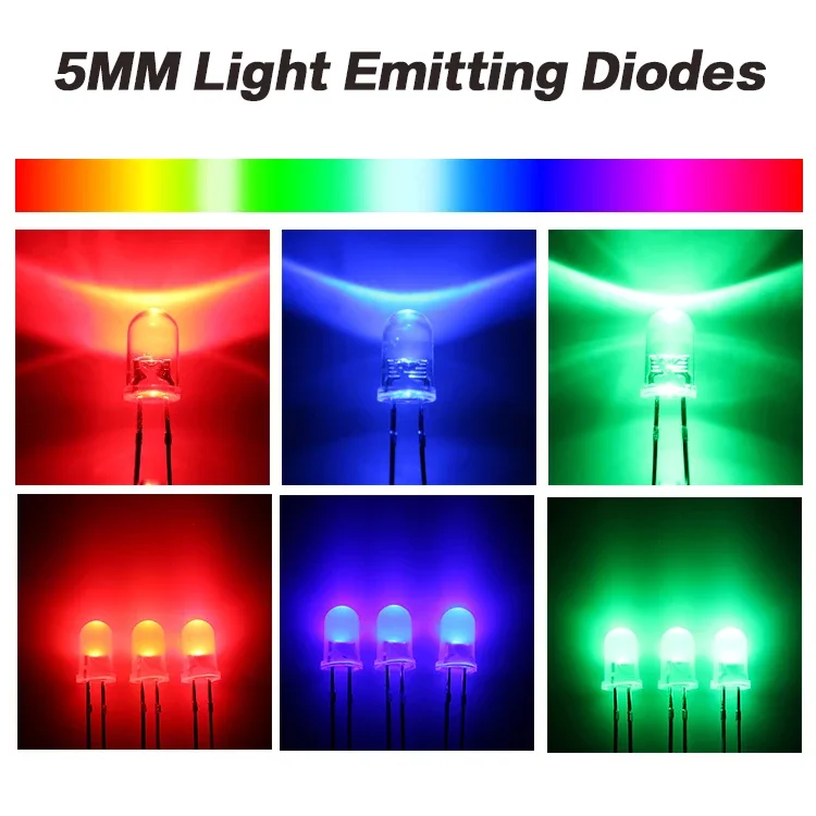 100PCS F5 5MM LED Diode Assorted Kit Straw Hat LED Diodes White Red Blue Green Yellow DIY Light Emitting Diodes