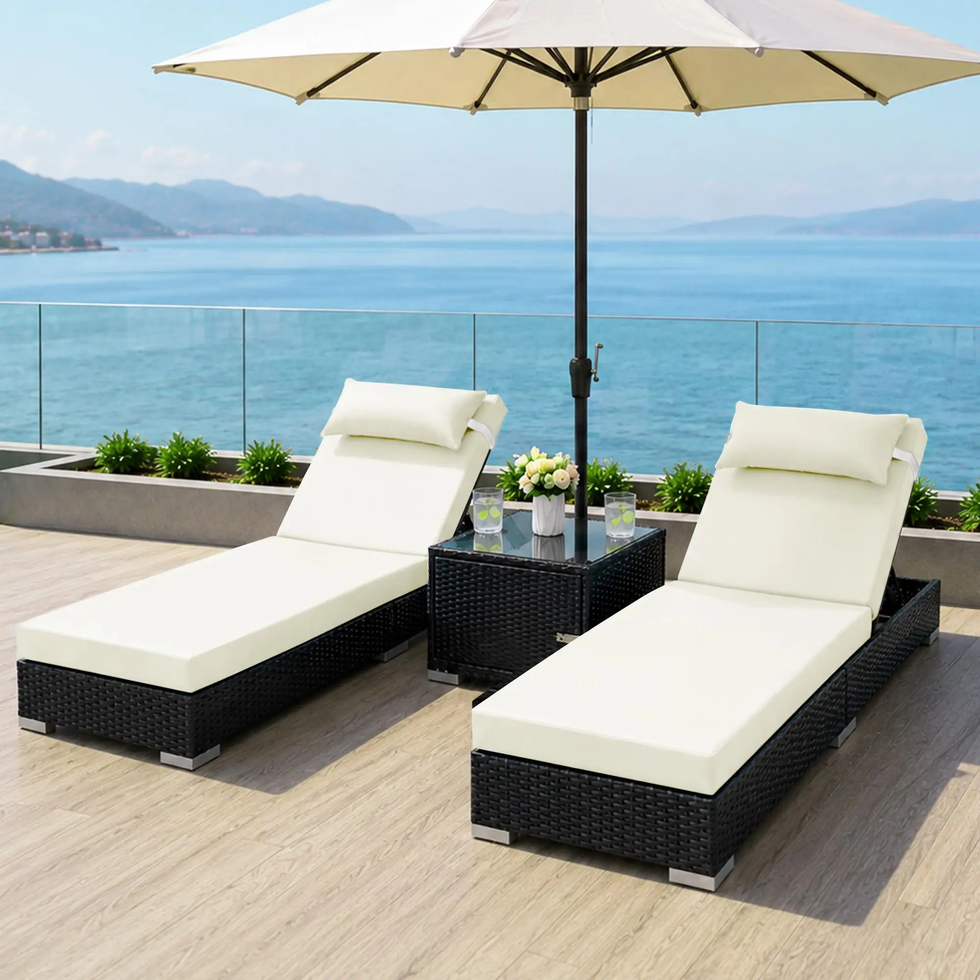 Outdoor Chaise Lounge Chairs Set of 2 with Storage Side Table, Rust-Resistant Aluminum Frame & Adjustable Backrest for