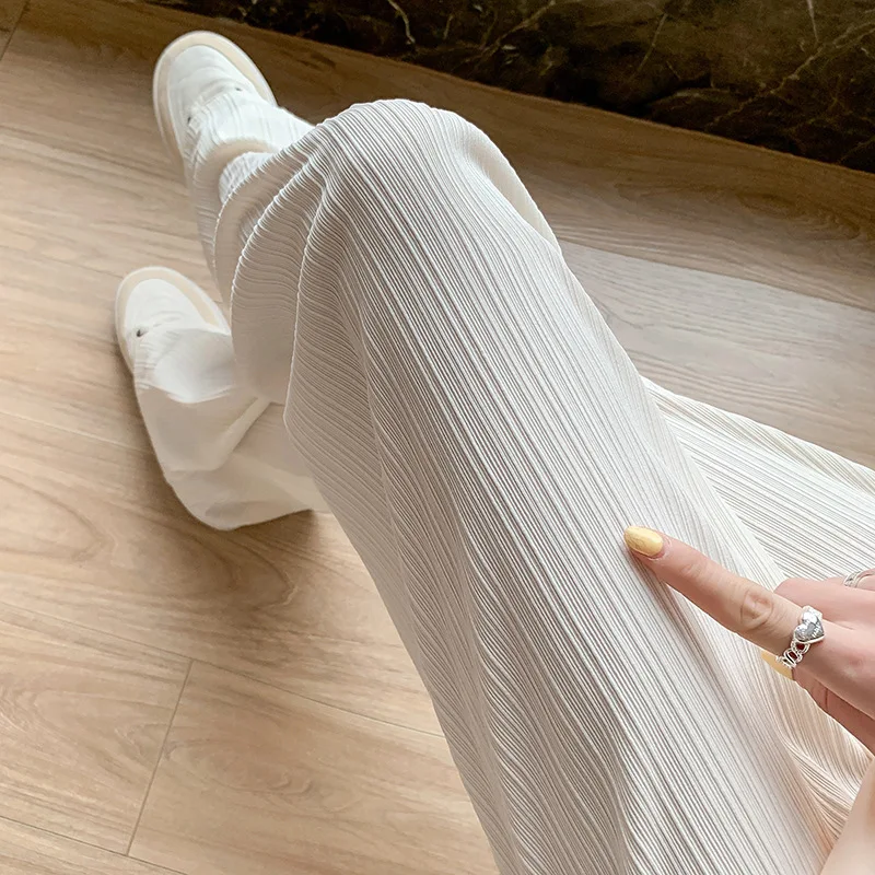 Ice Silk Wide Leg Pants Women's Spring and Autumn Thin Fold Vertical Stripe Chiffon High Waist Draping Loose Straight Leg Pants