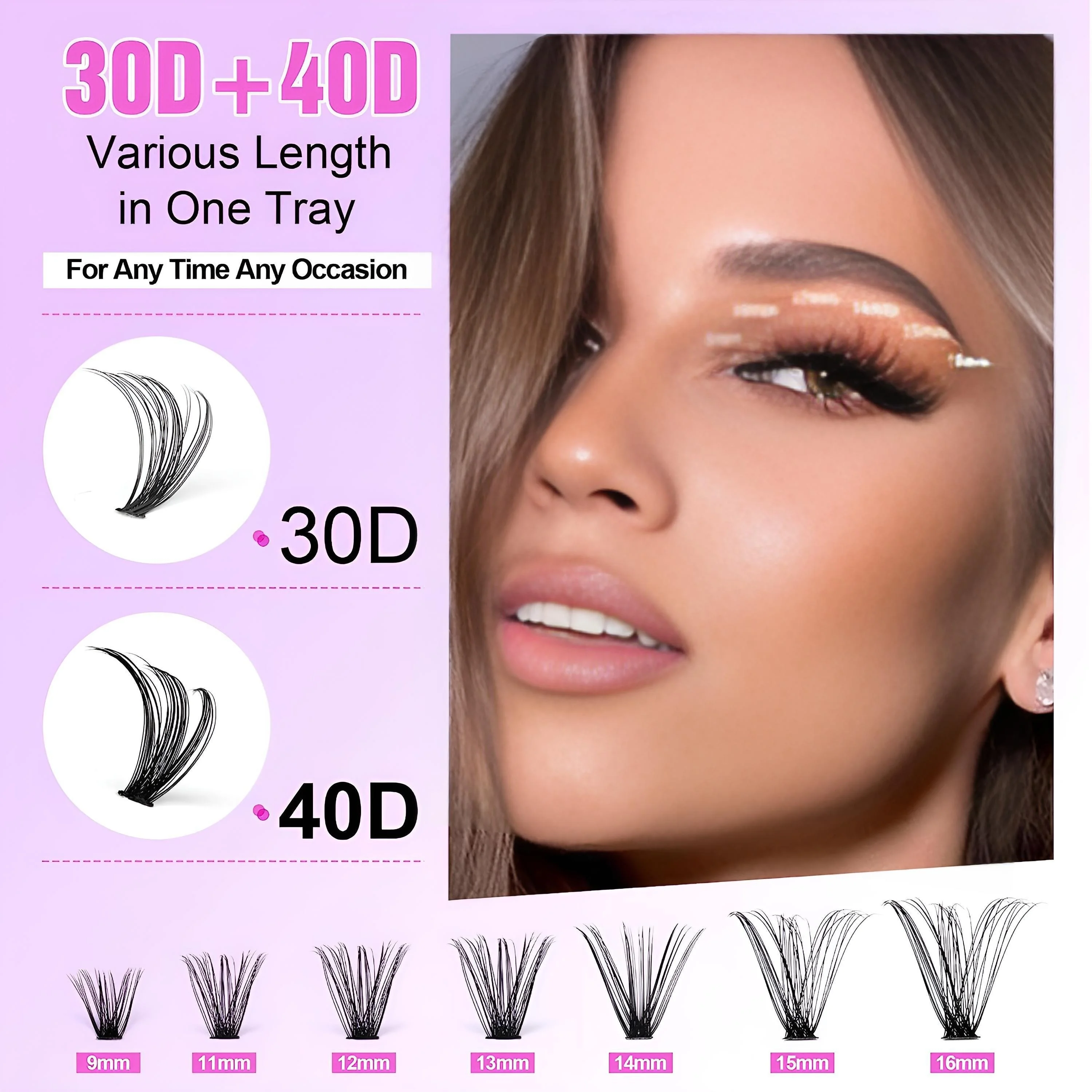 Kit de extensión de pestañas voluminosas 30D/40D, longitud y rizo dramáticos, juego completo con pestañas agrupadas, pegamento rizado, sellador, máscara
