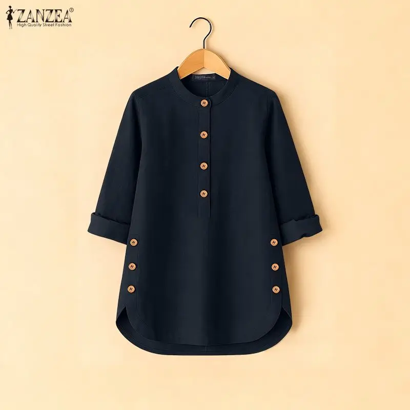 

ZANZEA Летняя блузка 2026: Элегантная офисная рубашка для женщин, повседневный топ с рукавом 3/4, однотонная, на пуговицах, винтажная блуза