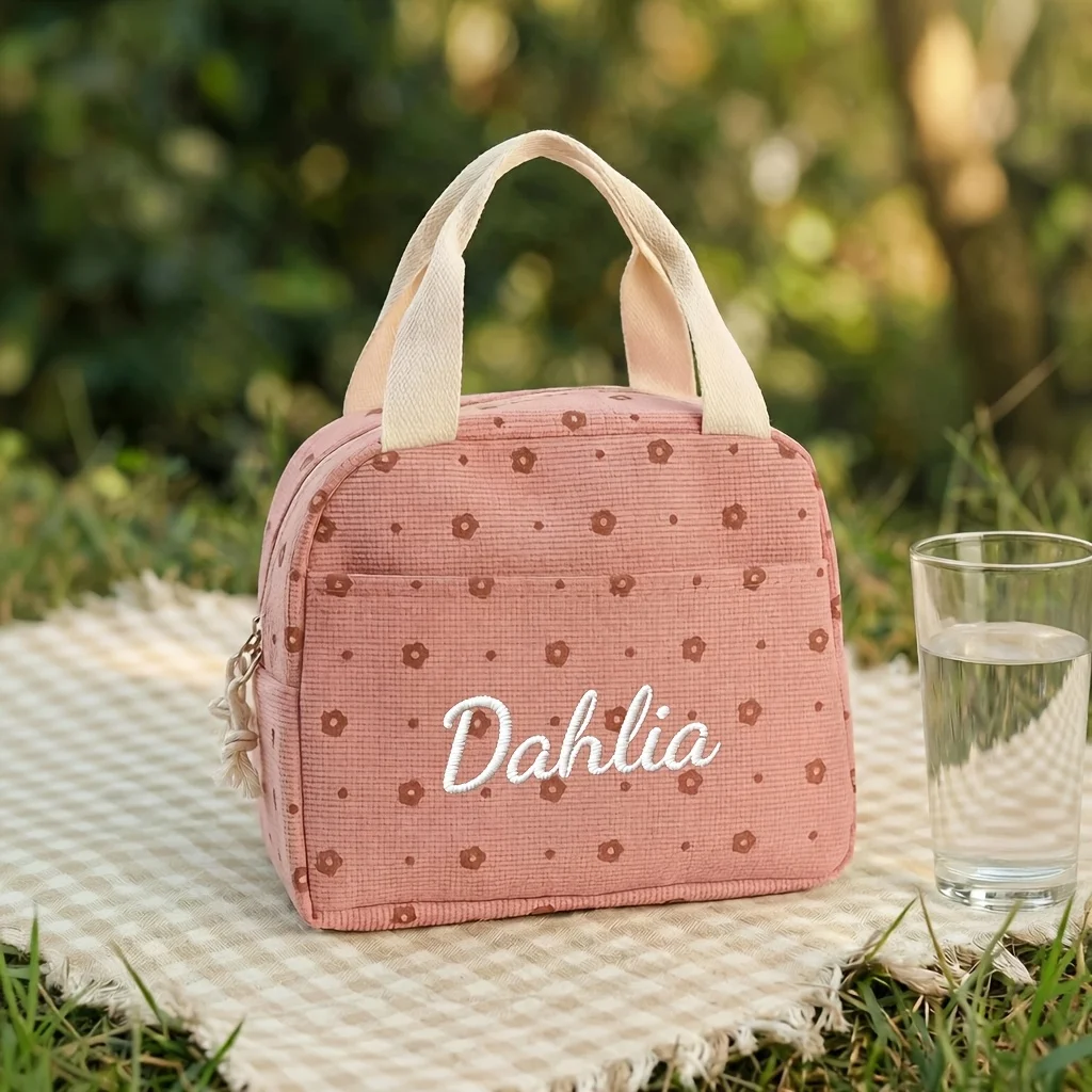 Mit gesticktem Namen und Blumenmuster bedruckte Lebensmittelhandtaschen, tragbare Thermo-Lunch-Tasche, wasserdichte, isolierte Tasche für Büro und Camping – Detail 9