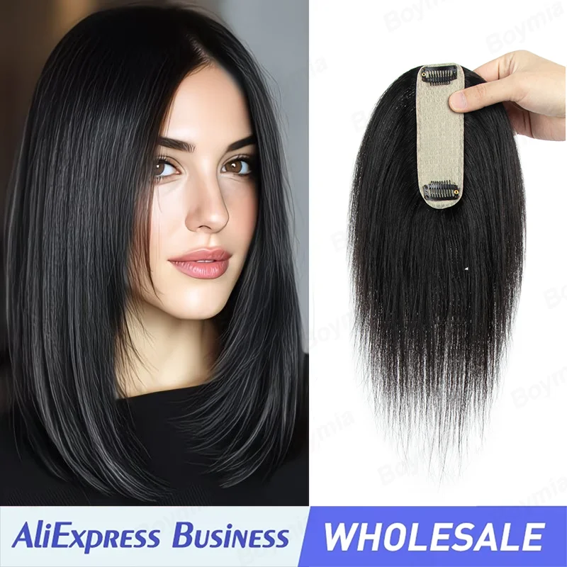 Human Hair Toppers for Women No Bangs Hand-Tied Thin 4 * 13CM Silk Base Light Weight Clip in Remy Hairpieces 10 Inch
