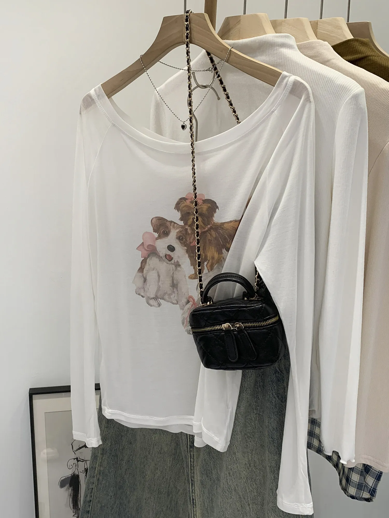 

Unique Thin Long Sleeve One Shoulder Dog Print T-Shirt Women Summer 2026 New Sun Protection Cover up Base Shirt Top