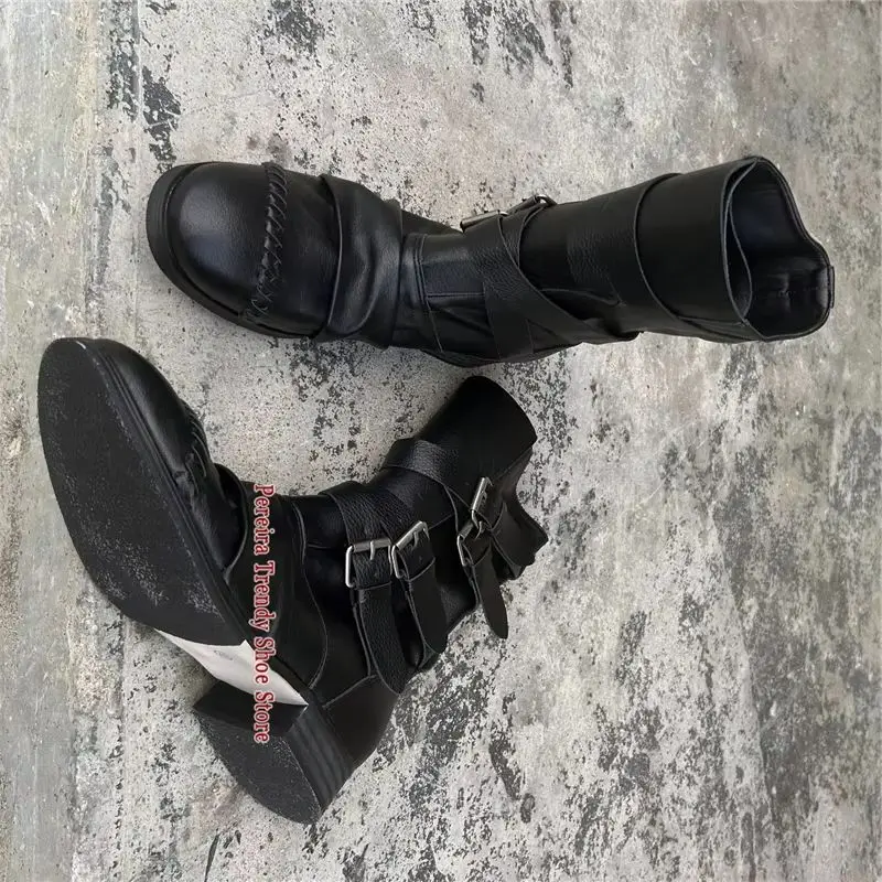 Retro Pleated Leather Motorcycle Boots for Men Women Metal Belt Buckle Strap Round Toe Mid-Calf Boots Autumn Winter Couple Shoes