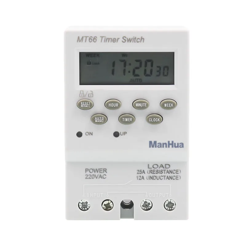 

ManHua 220VAC 25A Programmable Digital Time Switch Automatic 24 ON OFF Times Multifunctional Electronic Timer Din Rail MT66