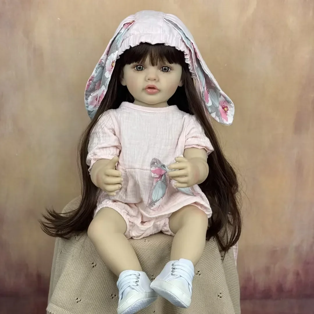 BZDOLL 55 CM 22 INCH Full Vinyl Body Reborn Baby Doll Toy Long Hair Princess Toddler Art Bebe Dress Up Bath Toy Birthday Gift