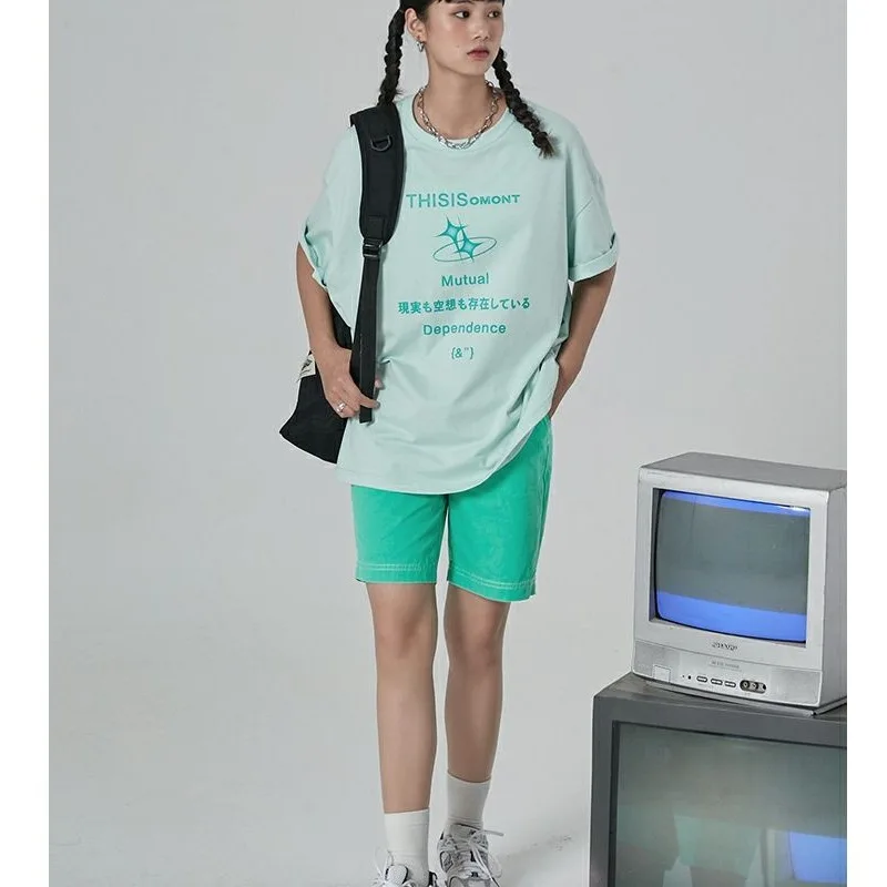 Women High Waist Contrast Stitch Five Point Shorts Vintage Straight Thin Fabric Casual Summer Mid Length Trousers