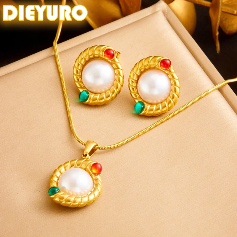 

DIEYURO 316L Stainless Vintage Round Twists Inlay White Pearl Necklace Earrings Suit Womens New Trend Non-fading Jewelry Set