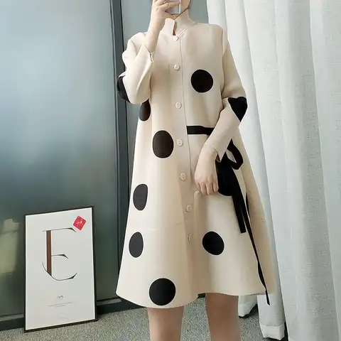 Miyake Pleated Lady's Trench Coat Spring Autumn Single-breasted Stand-collar Light Mature Printed Polka Dot Miyake Trench Coat