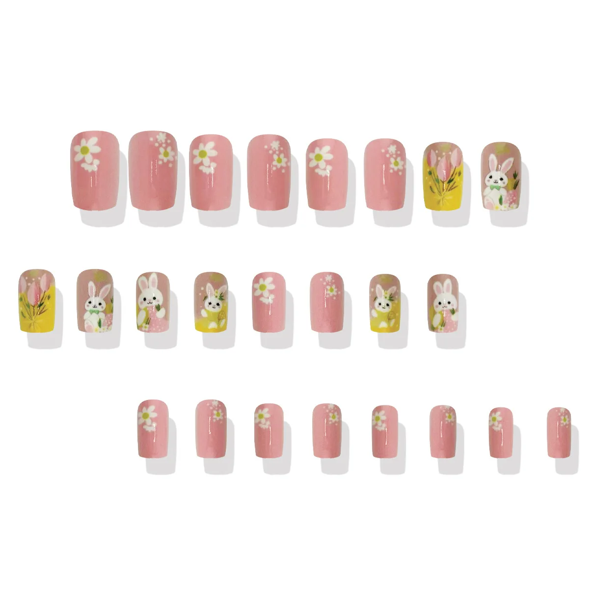 24pcs Paasdag Kunstnagels Zoet Roze Konijn Bloemen Print Nepnagels Tips Dames Draagbaar Afneembaar Lente Schattig Druk op nagels