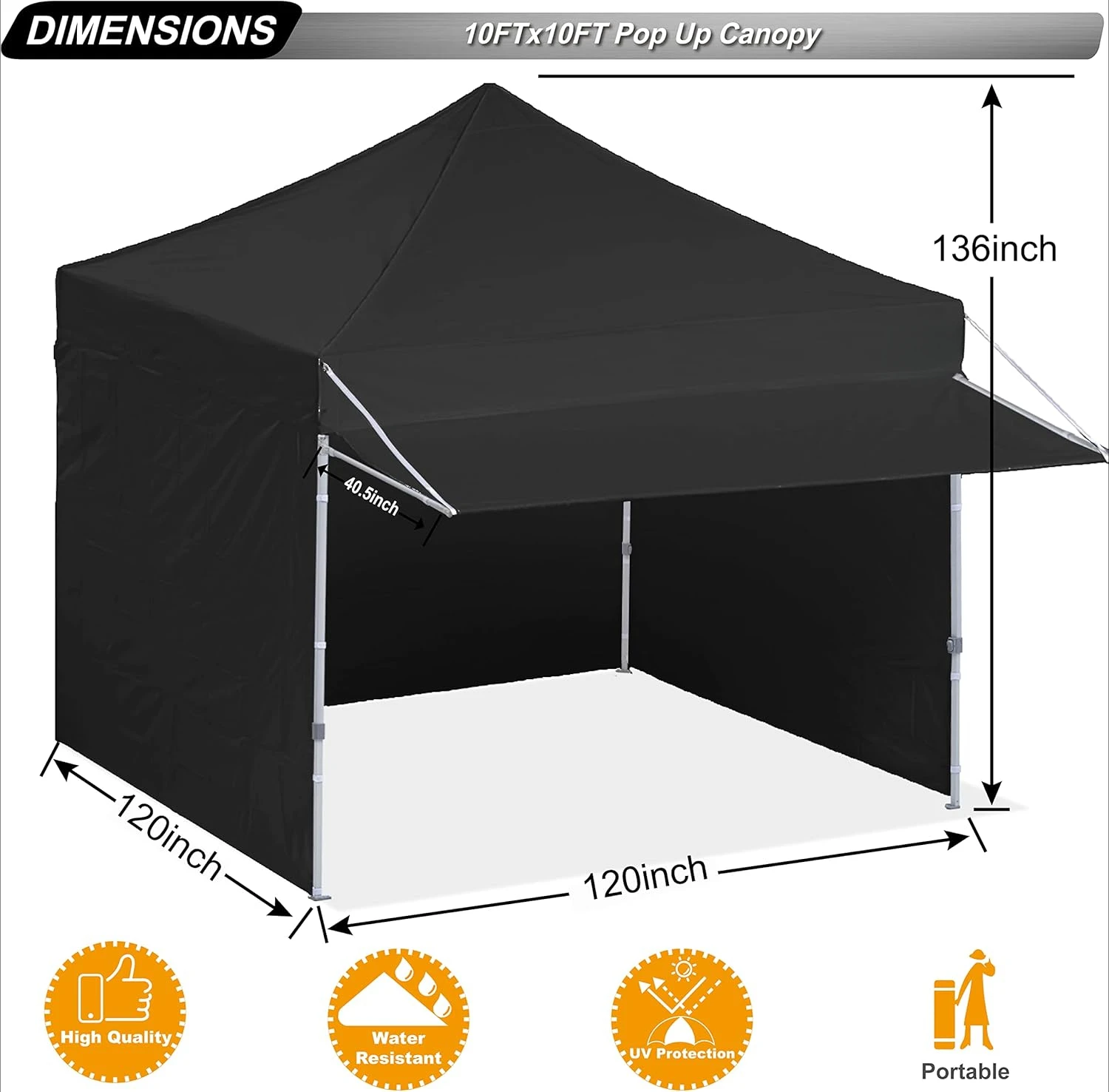 10x10 Pop up Commercial Canopy Tent, Portable Freestanding Shelter with Awning for Booth, Vendor, Outdoor, Black