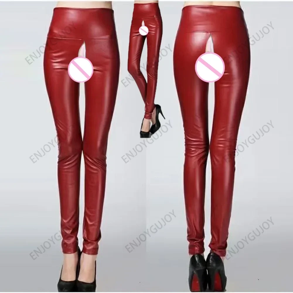 

High Waisted,Slim Fit Trousers,Faux Leather Pants Women Leggings,Invisible Open Crotch Outdoor Sex,Exoticism PU Pantalones