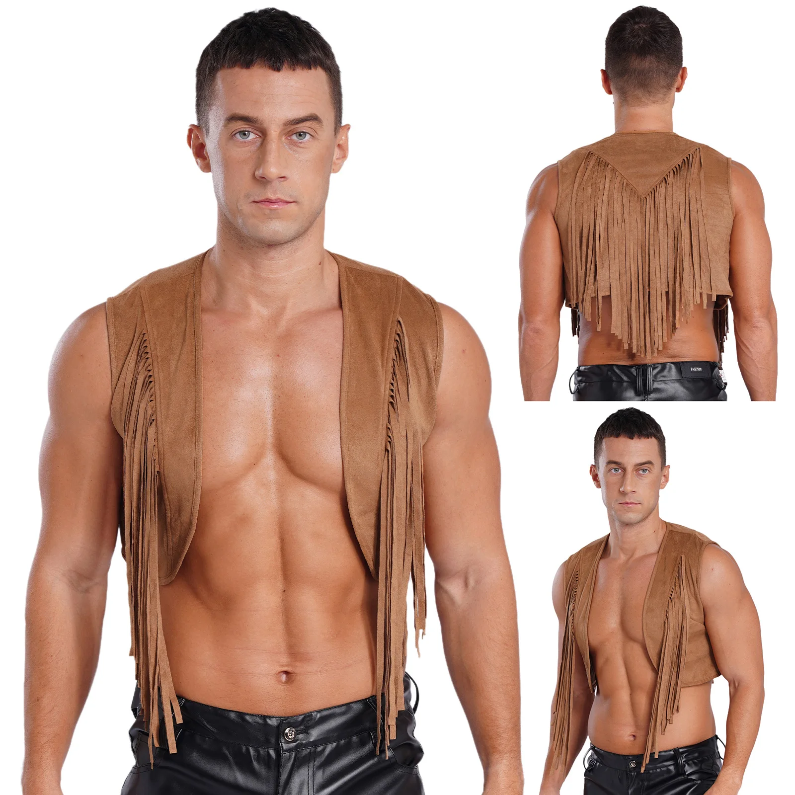 Mens Tribe Tassel Retro Western Cowboy Fringe Waistcoat Open Front Sleeveless Unlined Faux Suede Vest Tank Top Hippie Crop Top