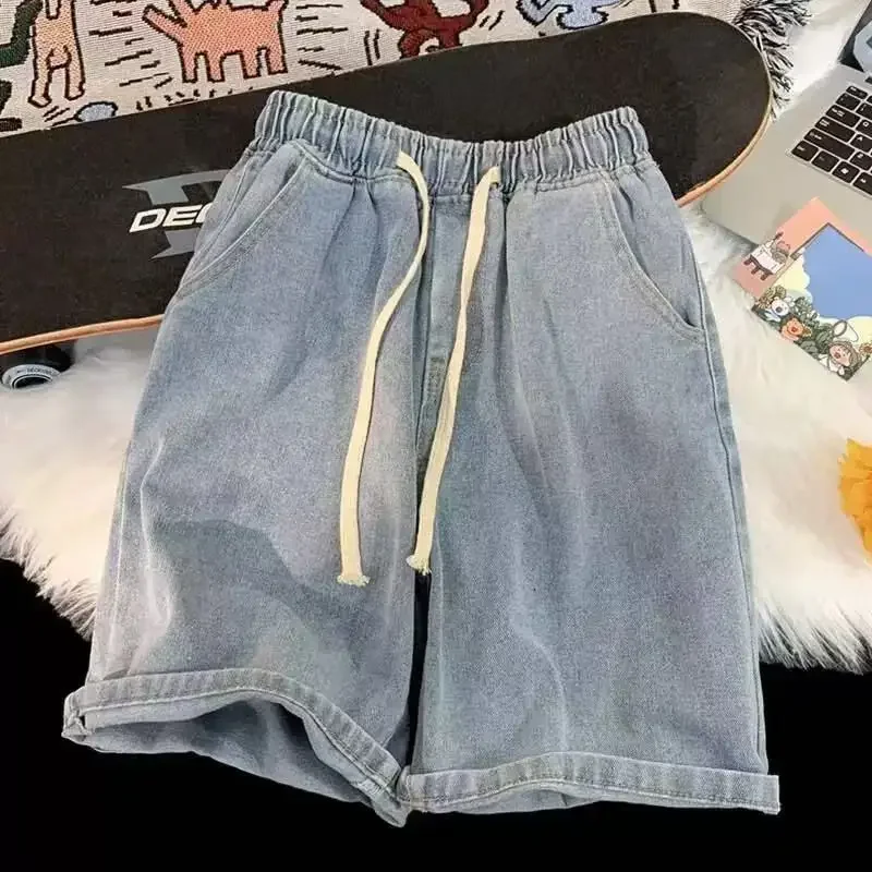 Elastic Denim Shorts for Men in Summer, Thin Design, Elastic Waist, Small Student, Five Point Casual Pants, Loose Fit, Slimming