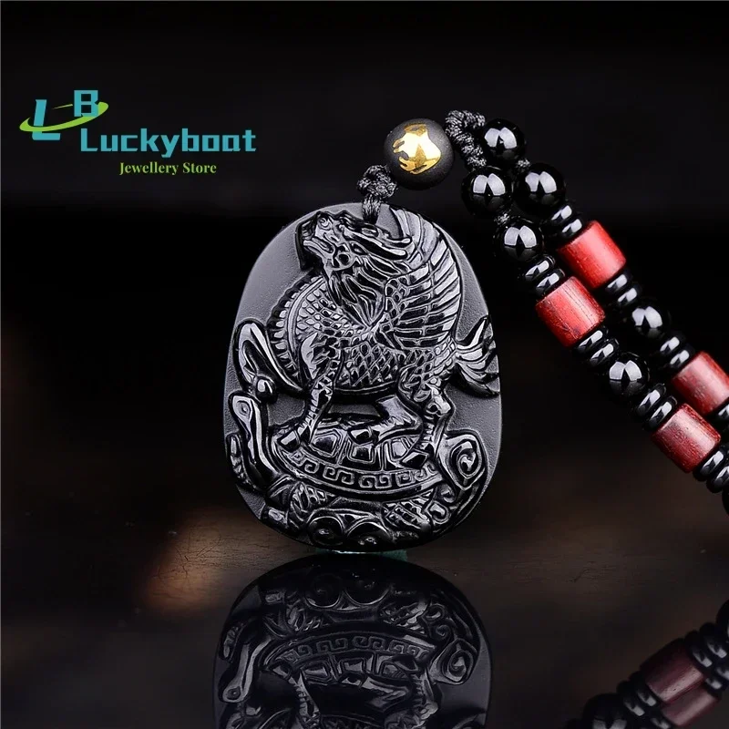 Men Necklace Pendant Black Obsidian Ancient Beast Unicorn Auspicious Pendant Gift for Women Fine Jade Jewelry