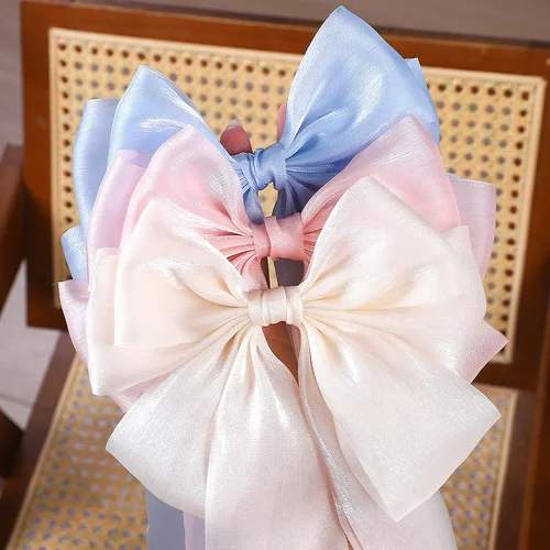 Imagen 2 del producto 1 Uds. Pinzas para el cabello con lazo de satén azul y rosa para niñas, pasador con lazo de cinta grande y dulce, horquilla, Clip para cola de caballo, accesorios para el cabello para primavera y verano