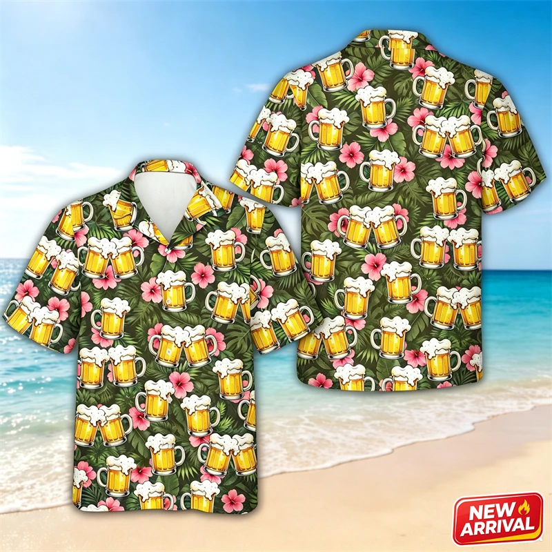 Funny Beer Pattern Hawaiian Shirt For Men Summer Street Lapel Short Sleeve Top 3d Printed Flower Graphic Trend Button Shirts