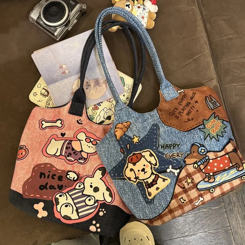 

New Bag Printed with Large Capacity Illustrations, Cute Cartoon Commuting Puppy Canvas Bag Versatile Tote Shoulder Bag for Women