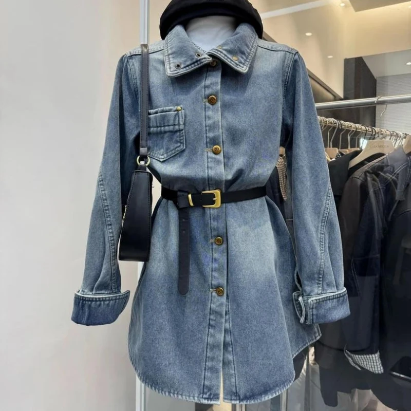 

trendy Women's Long-Sleeve Denim Dress Stylish Button-Down Irregular Hem Design Retro Elegant Casual Daily Dresses For Woman
