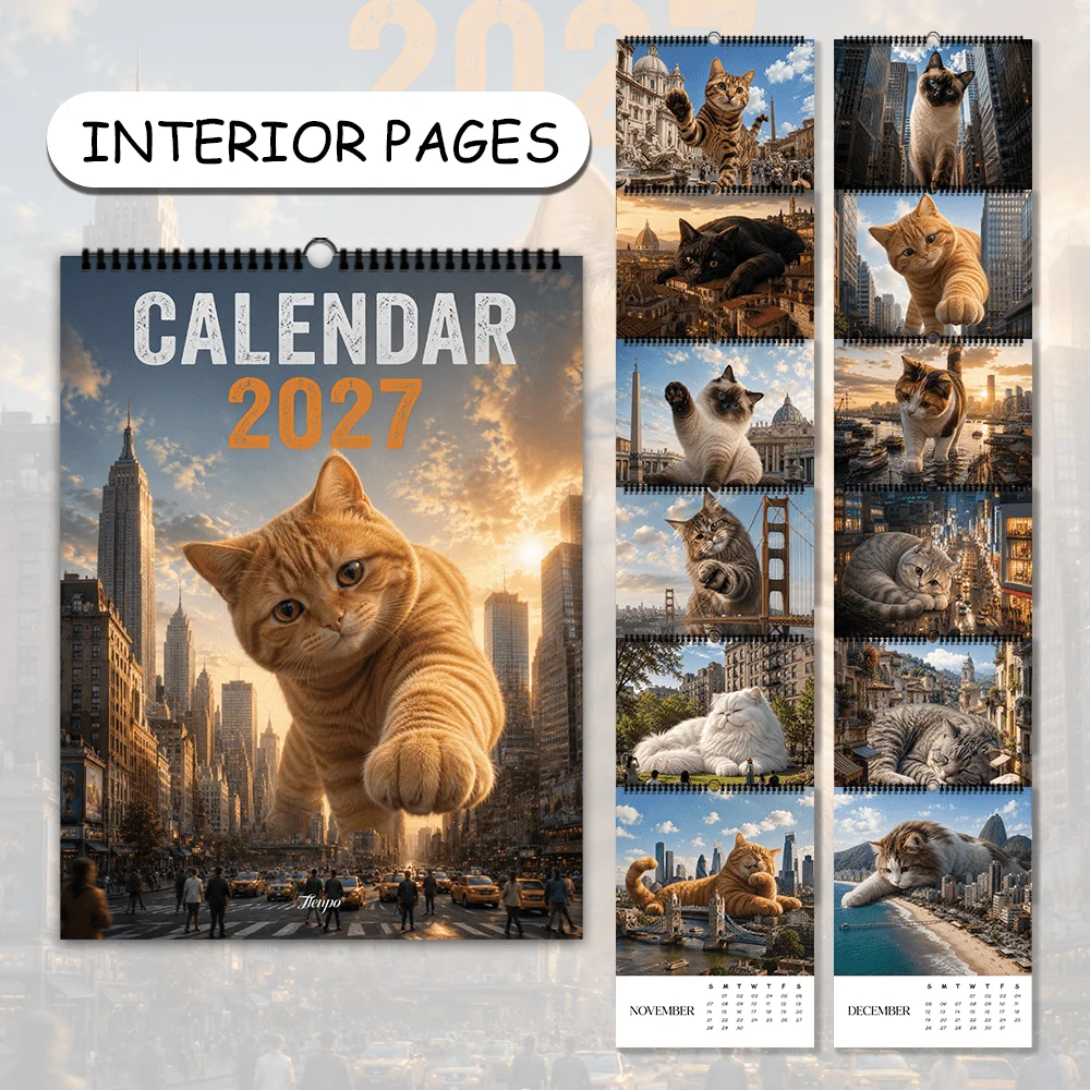 1 Stück 2027 Wandkalender, Kreatives Riesen-Katzen-Reise-Thema, 12-Monats-Monatsplaner, Perfektes Geschenk für Geburtstage, Weihnachten, Neujahr