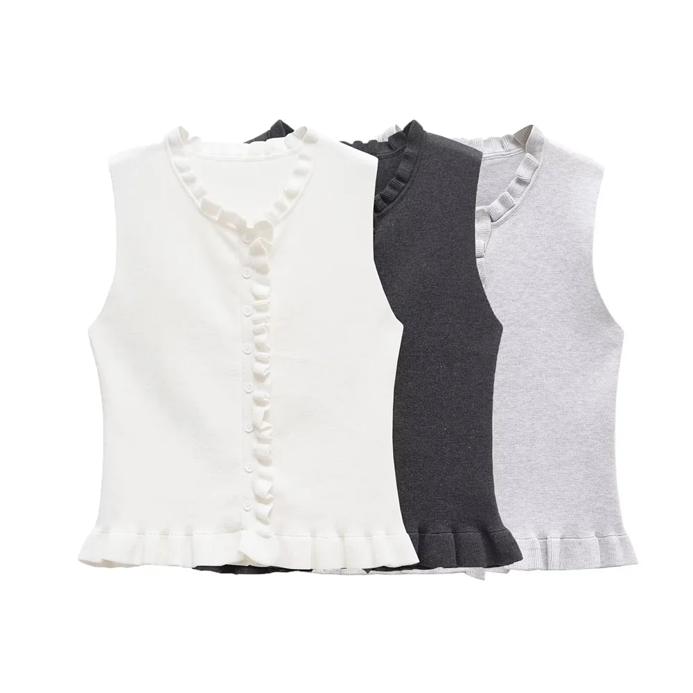 

PB&ZA2025 Women's Sweet Soft Feminine Elegant Classic White Black and Grey Ruffled Sleeveless Button - up Tops