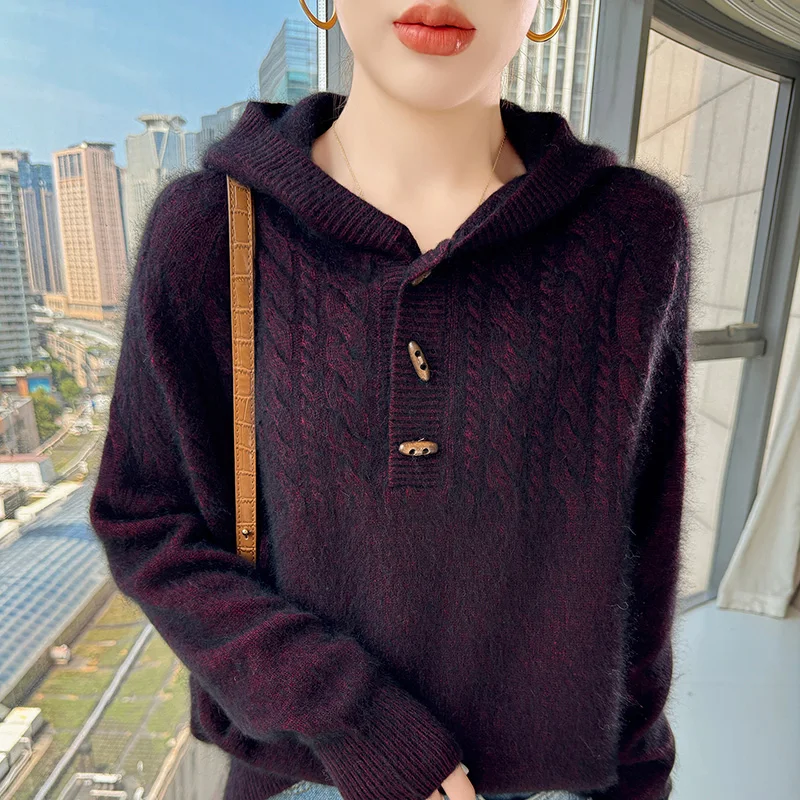 100% المنك النقي الكشمير محبوك معطف بقلنسوة المرأة مقنعين طوق فضفاض البلوز موضة تويست بأكمام طويلة هوديي معطف سميك