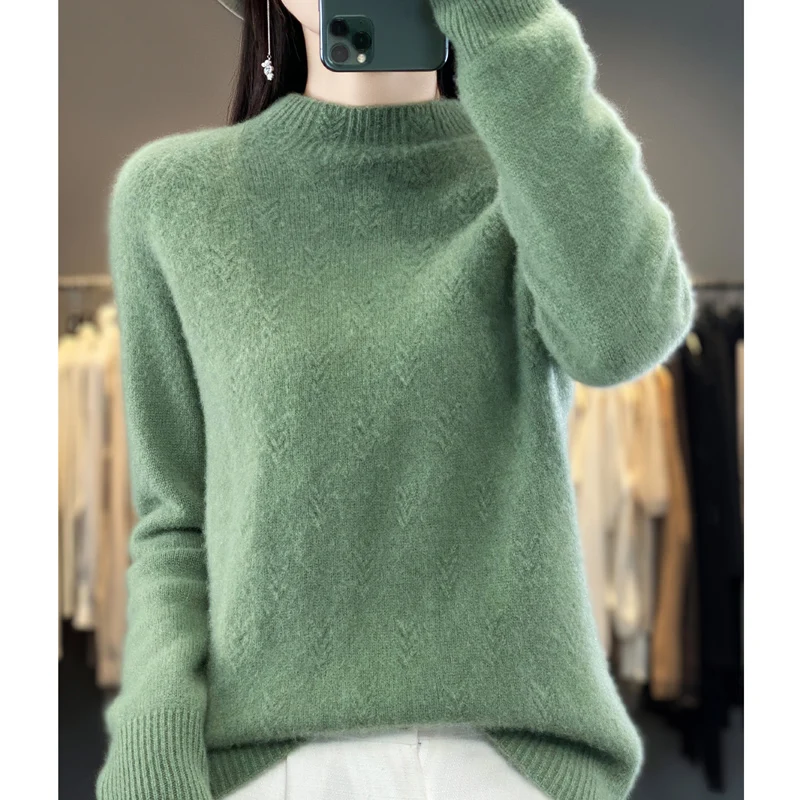 

Women 100% Merino Wool Sweater Half-high Collar Knitted Pullover Autumn Winter Thickened Jacquard Weave Clothing Bottoming Tops