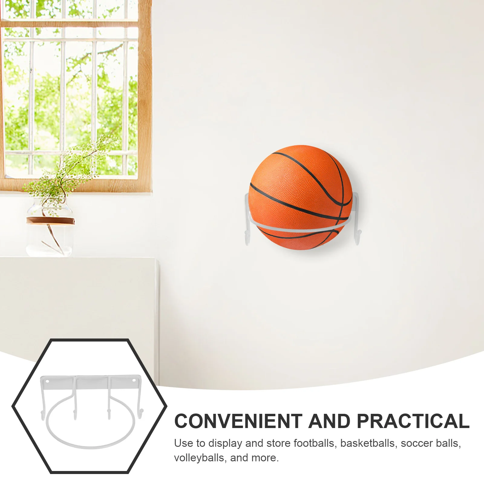 قطعة واحدة من رف تخزين الكرة المثبت على الحائط من الحديد القوي، خطاف لاصق سهل التركيب لحامل كرة السلة مع خطاف