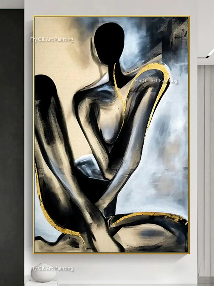 Black And Grey Large Sexy Abstract Women Oil Painting On Canvas Handmade Gold Foil People's Body Wall Art Decor For Bedroom