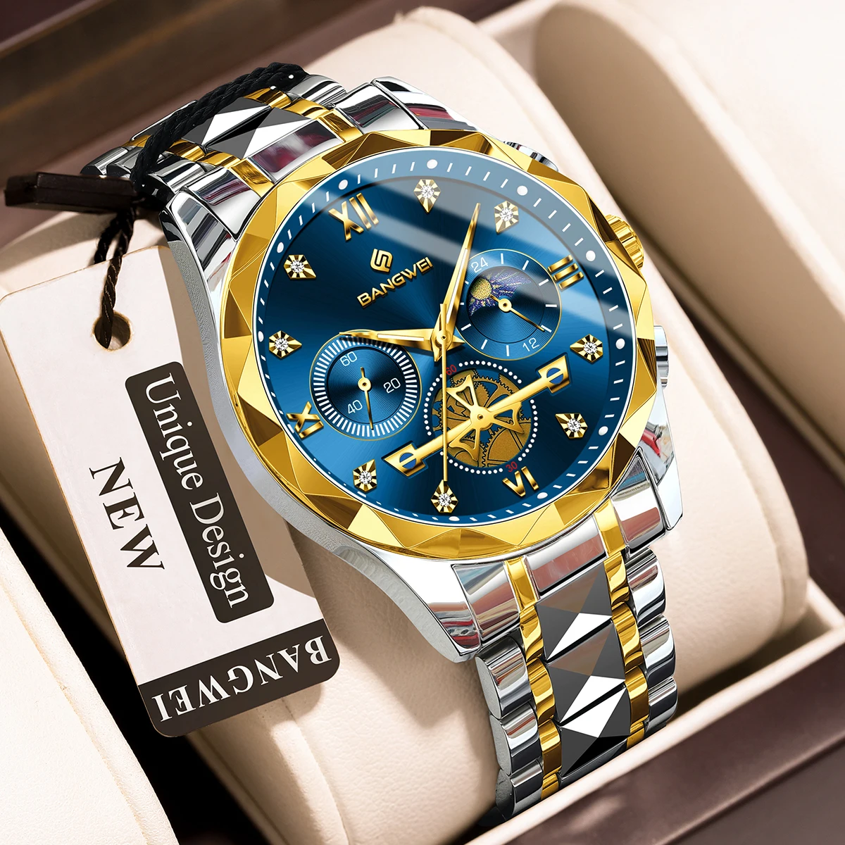 BANGWEI New 24 Hour Moon Phase Watch Men Casual Sports Quartz Chronograph Wrist Watches for Men Waterproof Luminous Men's Watch