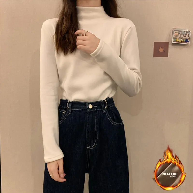 

Women's Faionable Color Fce Lined Long Sve Base irt f High Collar Warm Autumn Top Korean Sle Commute