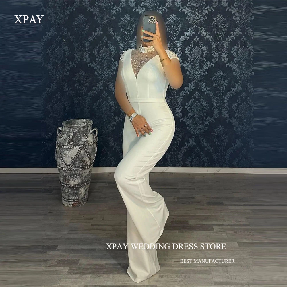 

XPAY White Green Women Jumpsuit Evening Formal Cloth Garment Beads High Neck Cap Sleeves Pant Custom Made Special Occasion