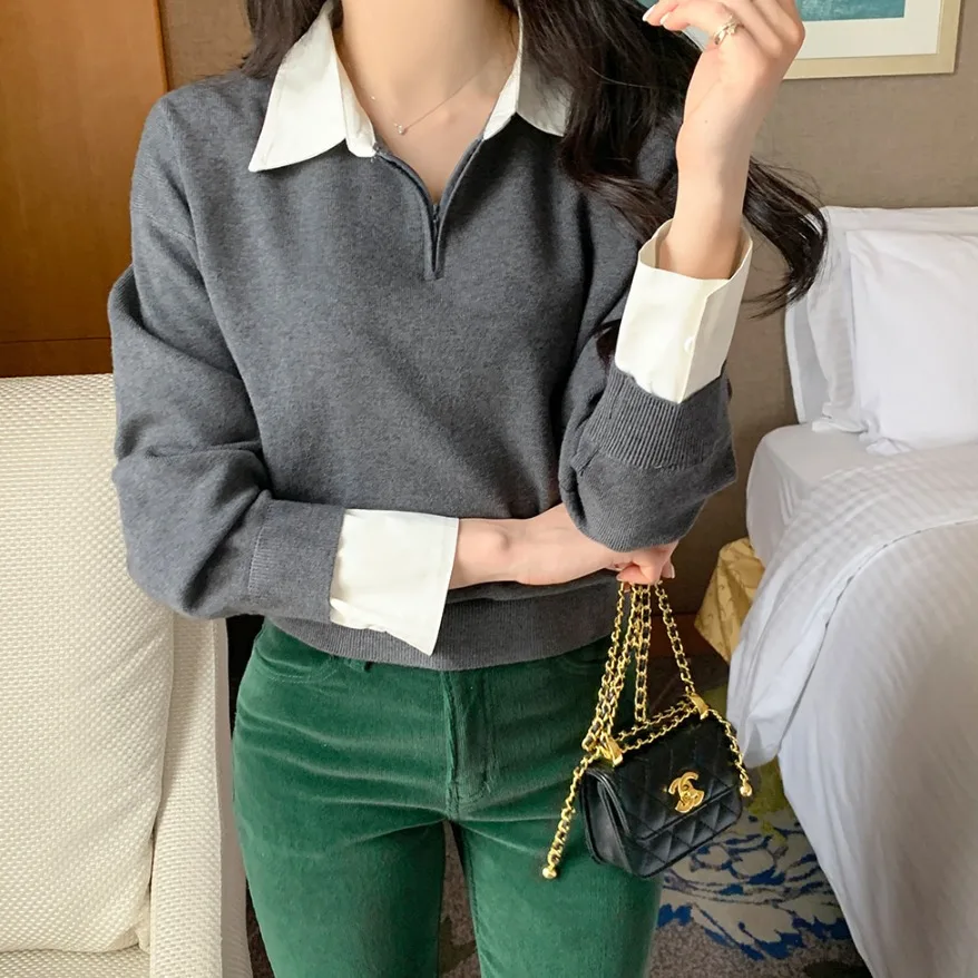 

Korean Style Fake Two-piece Contrasting Color Shirt Lapel Knitted Sweater for Autumn Winter Long Sleeved Pulloves Knitwear Tops